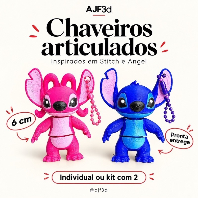 Chaveiro Articulado 3D Inspirado em Stitch e Angel 6cm Kit Casal Azul ...