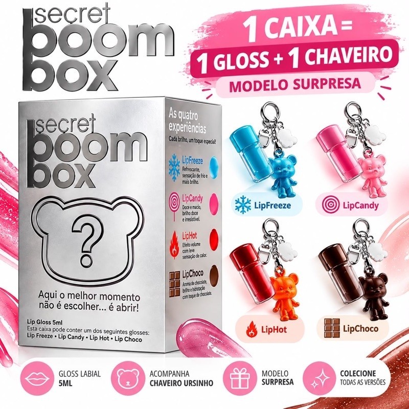 Secret Boom Box Gloss Labial 5ml Chaveiro Ursinho Surpresa | Shopee Brasil