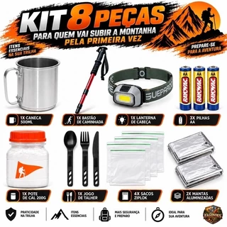 Kit 8 Peças Camping ttulha Bastão Caneca Lanterna Pilhas Cal Talher Ziplok Manta Emergência