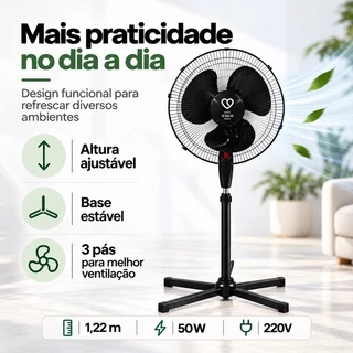 VENTILADOR DE COLUNA POTENTE 3 PAS 1,22M 50W 220V 127V VERÃO CASA