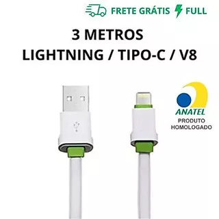CABO 3 METROS CARGA E DADOS IOS, TIPO-C OU V8 (MICRO-USB) TURBO