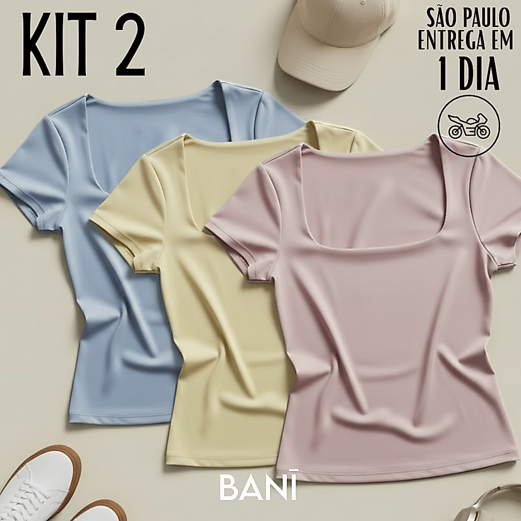 KIT 2 Baby Tee Feminina Decote Quadrado Tons Pasteis Y2K Premium