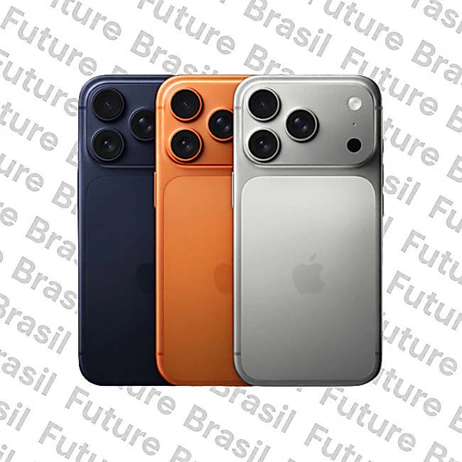 iPhone 17 Pro Max na cor laranja com detalhe da câmera tripla e logo da Apple