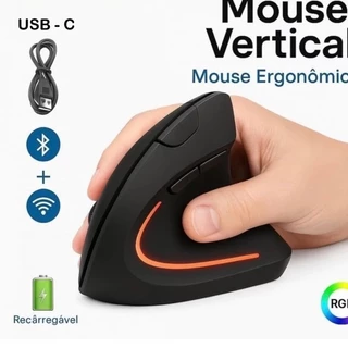 Mouse Vertical Ergonômico Sem Fio Pilha Com LED RGB E DPI Ajustável Para Home Office E Gamer