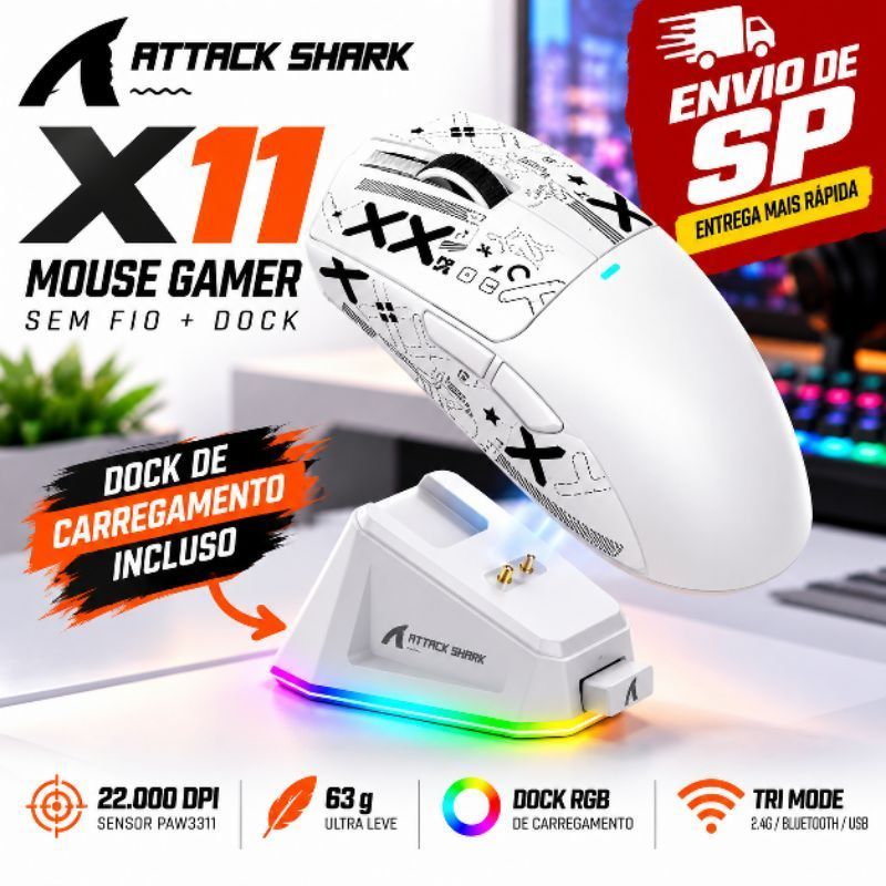 Attack Shark X11 Mouse Gamer Wireless Tri Mode 22000 DPI PAW3311 RGB ...