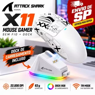 Attack Shark X11 Mouse Gamer Wireless Tri Mode 22000 DPI PAW3311 RGB 63g com Dock Carregamento