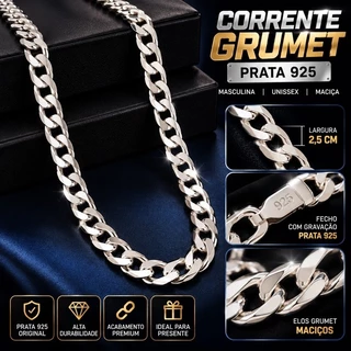 Corrente Grumet Prata 925 Masculina 70CMM 2,5 CMM Largura Unissex Mista Maciça com Gravação Cordão Prata 925