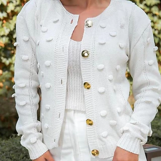Casaco Feminino Cardingan Luxo Com Detalhes e Botões De Tricot Tendência 2025 Em Promoçao
