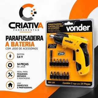 Parafusadeira a bateria 3,6 V, carregador bivolt, jogo com 14 peças, PBV 120, VONDER