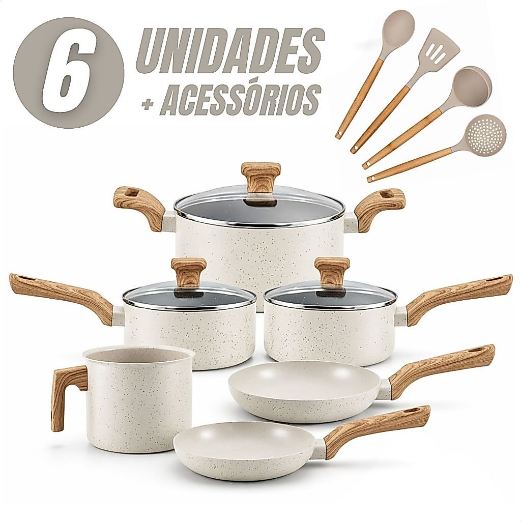 Jogo de panelas antiaderentes com 6 peças e utensílios