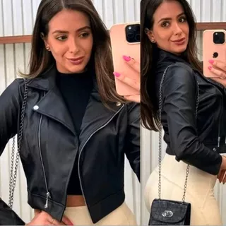 Jaqueta Preta Feminina de Couro PU Casaco Feminino Casual Fashion Inverno Outono Look Estiloso Versátil Zíper Frontal