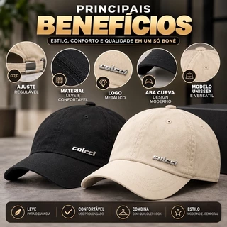 Kit 2 Bonés Premium Ajustáveis Aba Curva Unissex Logo Metálico – Preto, Branco, Off-White e Azul-Marinho