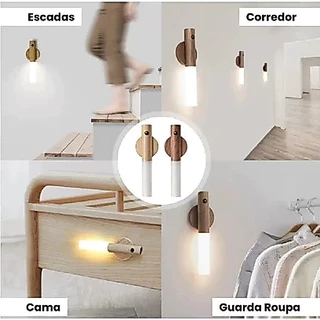 Kit 2-8 Luminária Portátil com Sensor de Movimento Led Moderno Textura Madeira Bastão com Ímã Bivolt