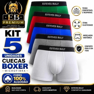 Kit 5 Cuecas Boxer Masculina Premium Poliéster Forro Algodão Confortável Atacado
