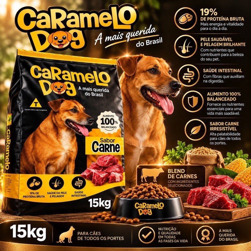 Ração para Cachorro Caramelo 15kg Nutrição Completa COM OMEGA 3 e 6