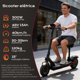Scooter Elétrica 500W 48V 13Ah com Assento - 10 Polegadas, 40km/h, Autonomia 35km em Oferta na Shopee