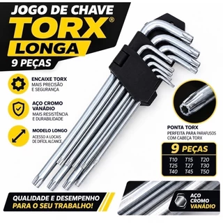 Jogo de Chaves Torx Grande Longa C/ Guia 9 Peças C /FURO