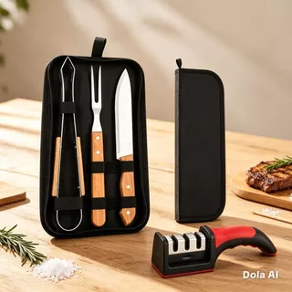Kit Churrasco Premium 4 Pç + Afiador Profissional 3 Estágios