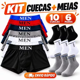 Kit 10 Cuecas Boxer Microfibra Adulto + 6 Pares de Meias Algodão Alta Elasticidade e Qualidade Premium