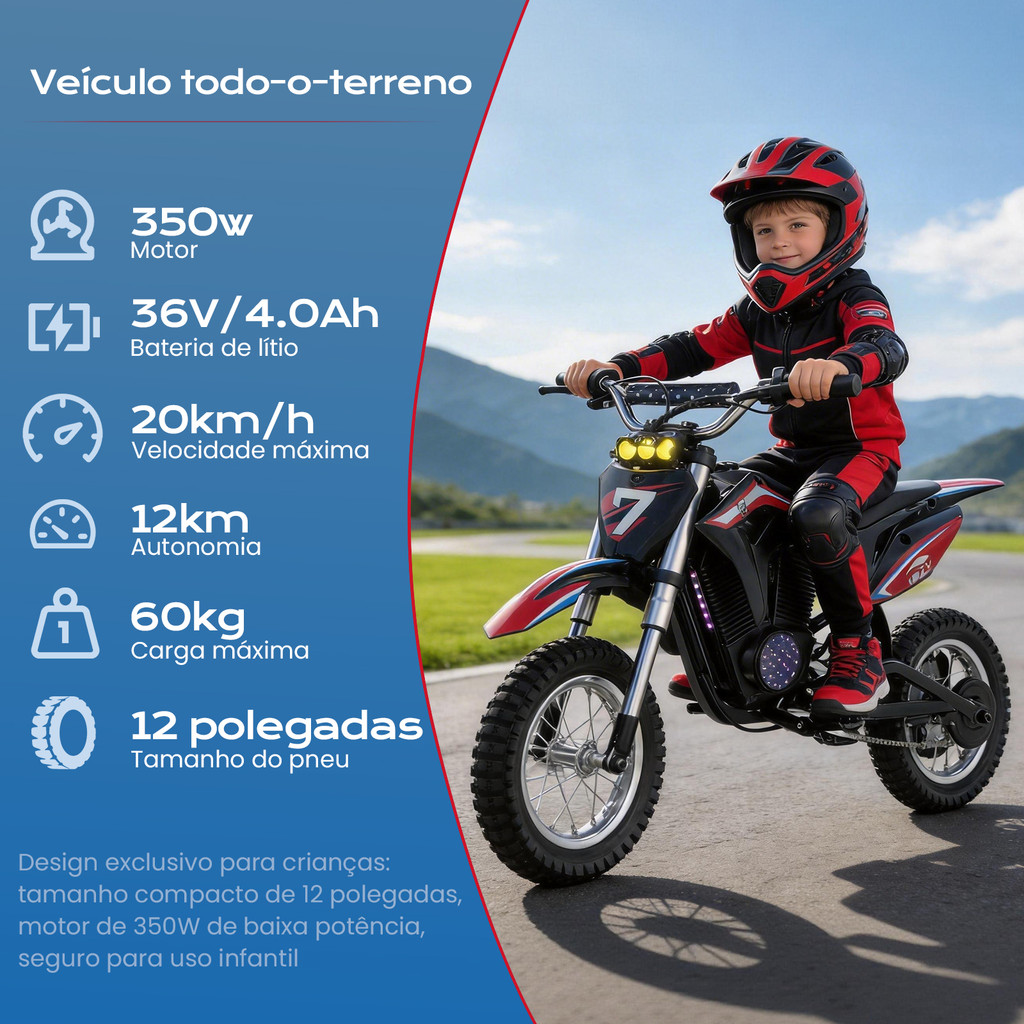 Moto Elétrica Infantil Dirt Bike 350W 36V - 12 Polegadas, Freio Hidráulico, 20km/h em Oferta na Shopee