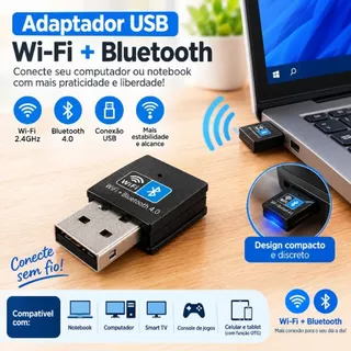 Adaptador USB Wi-Fi 2.4GHz e Bluetooth para PC e Notebook