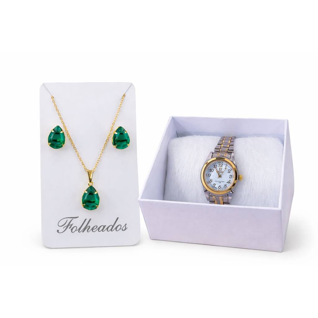 🔥 🔥 Relógio Feminino Kit Colar Brincos Esmeralda Cristal Folheados A Ouro 18k