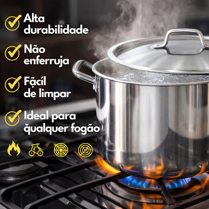 Panela de alumínio polido em uso sobre um fogão a gás, com chamas azuis visíveis e vapor saindo da panela, destacando características como alta durabilidade e não enferruja.