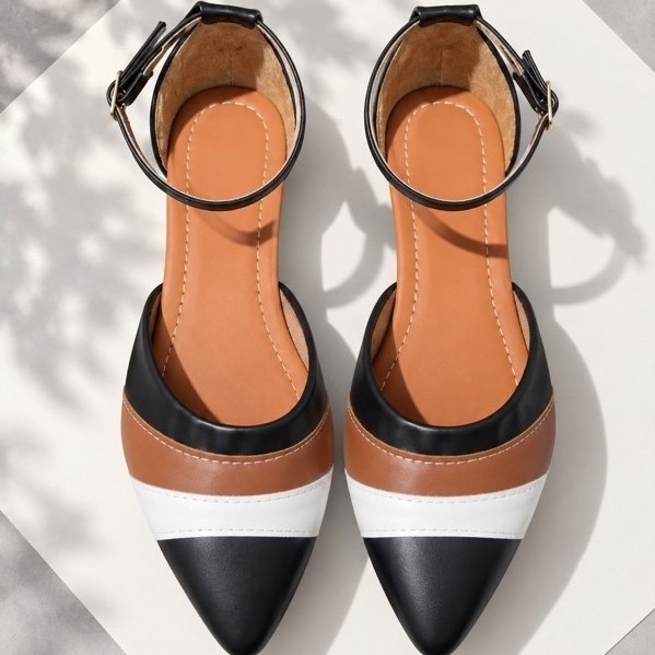 Salomé sapatilha sapato feminino aberta bico fino bicolor preto branco caramelo calçados moda enfeit