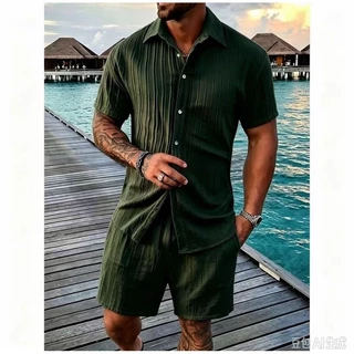Conjunto masculino camisa manga curta + short textura vertical roupa casual elegante de verão 01