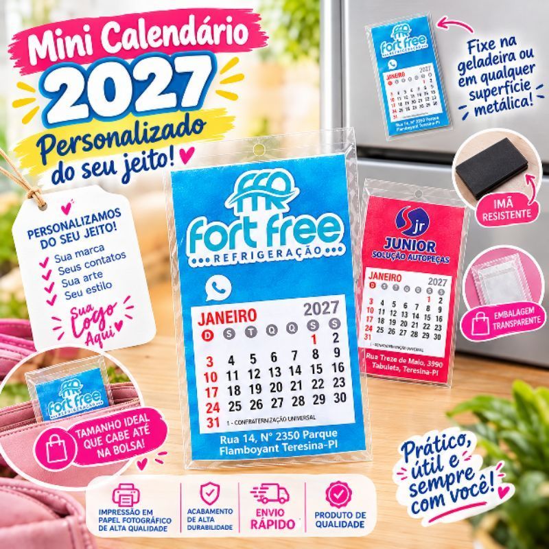 50 Mini Calendário 2027 Ímã Personalizado Lembrancinha mimo corporativo ...