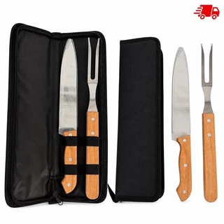Kit de Churrasco Conjunto 3 Peças Faca Garfo de Aço Inox Presente com Estojo