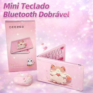 Mini Teclado Dobrável Ultra Fino Bluetooth com Gatinhos Portátil USB-C 67 Teclas Recarregável Leve Bolsa Viagem Notebook