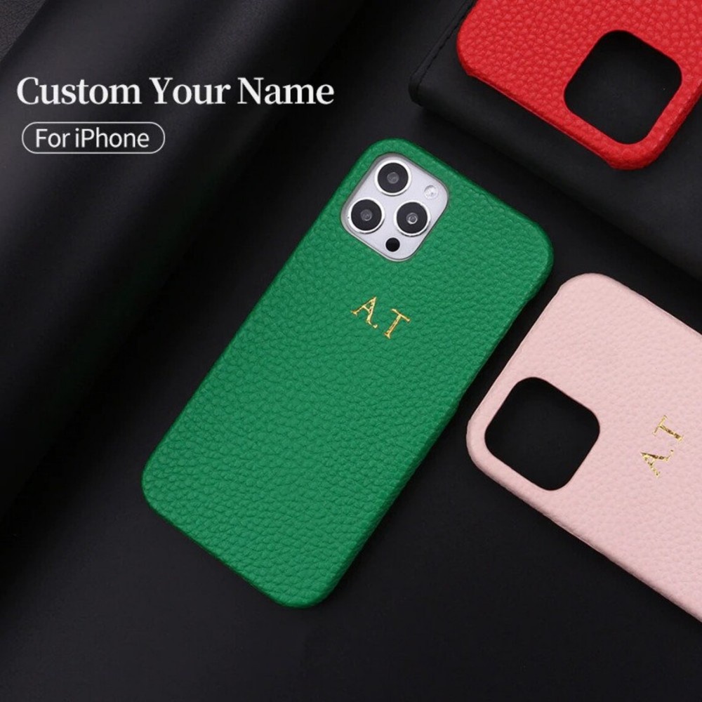 Capa de telefone com nome personalizado para iPhone 11 Pro Max 14 13 Mini  12 XR Xs X 6 7 8 Plus, texto personalizado TPU macio material de couro  artificial