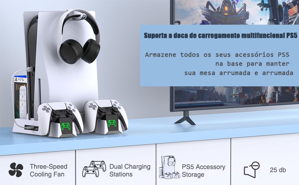 Suporte PS5 e estação de resfriamento com estação de carregamento de  controle duplo para console Playstation 5, acessórios PS5 incl. Carregador  do controlador, ventoinha, suporte para fone de ouvido : :  Games