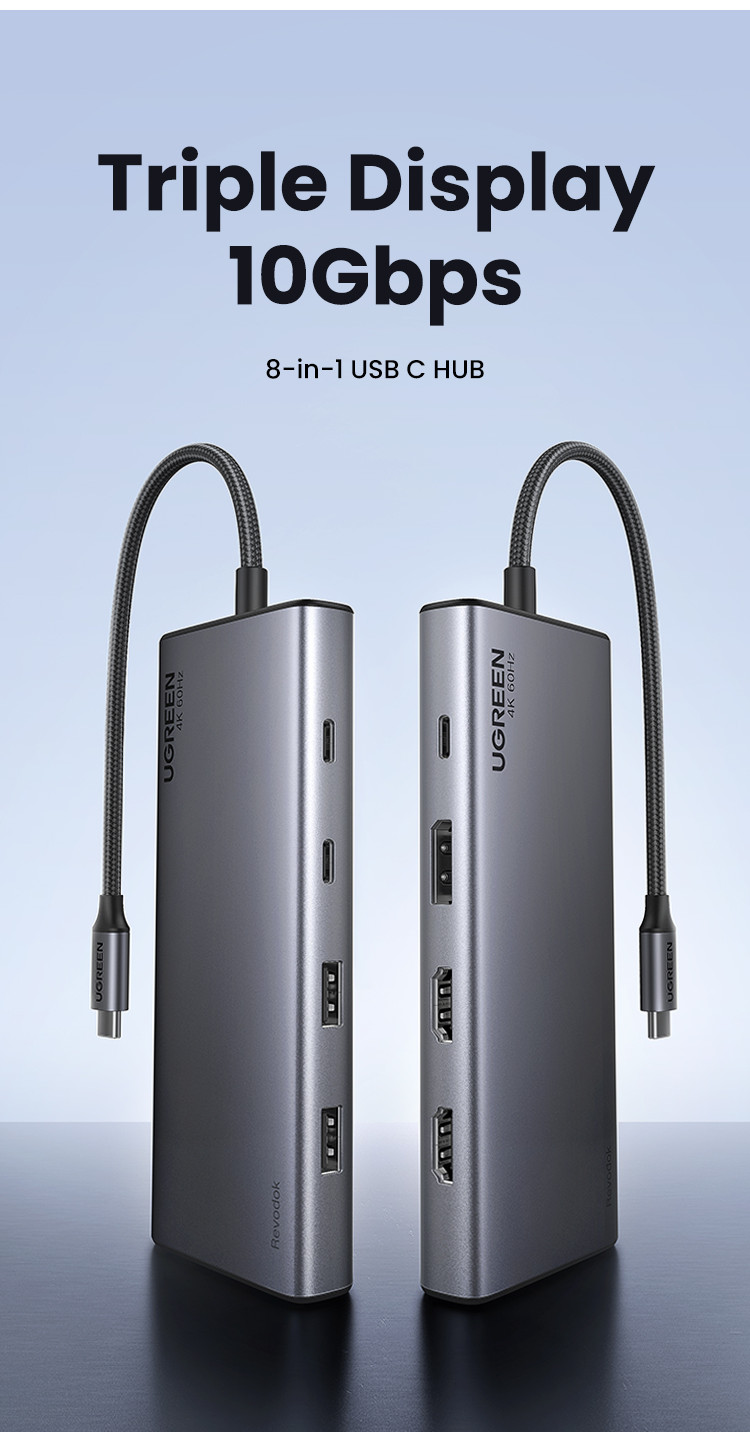 UGREEN 4K60Hz Visor Triplo HUB 13Ports/8 Portas 10Gbps 2X UBS-A +