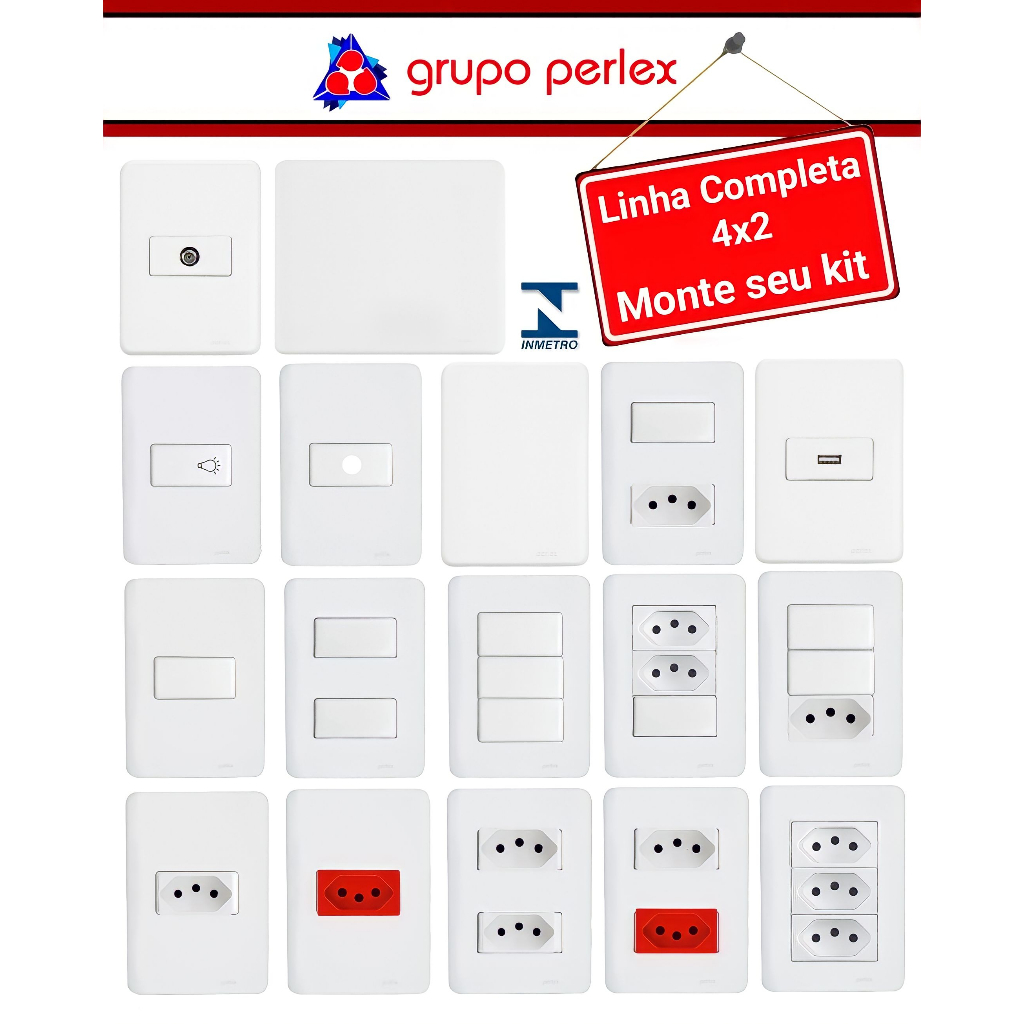 Conjunto Tomada Simples Tecla simples 4x2 Perlex Nova Aros Linha ...