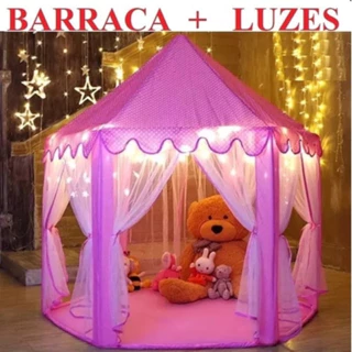 BARRACA INFANTIL CABANA TOCA TENDA ROSA + CORDAO DE LUZ A PILHA  3 METROS em Oferta na Shopee