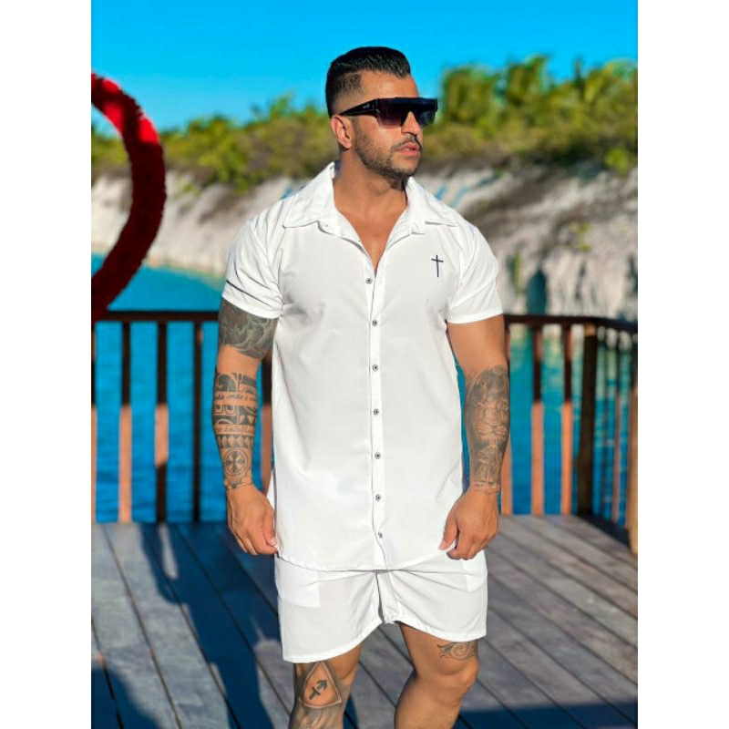 Conjunto Praia Branco 2 Peças Camisa e Short Masculino Tecido Tactel com  Elastano Verão Carnaval