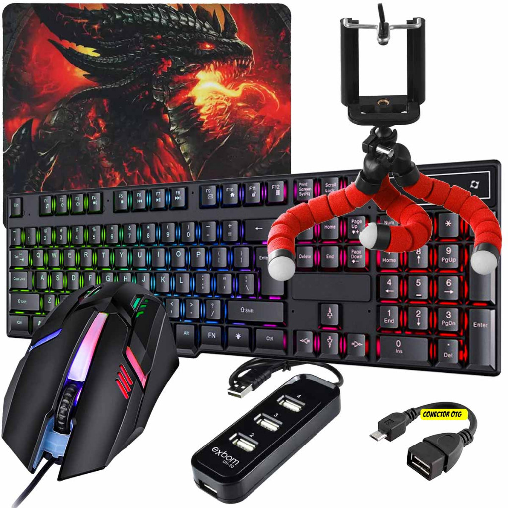 Kit Mobilador Para Celular Gamer Com Tripe Mouse Teclado Led