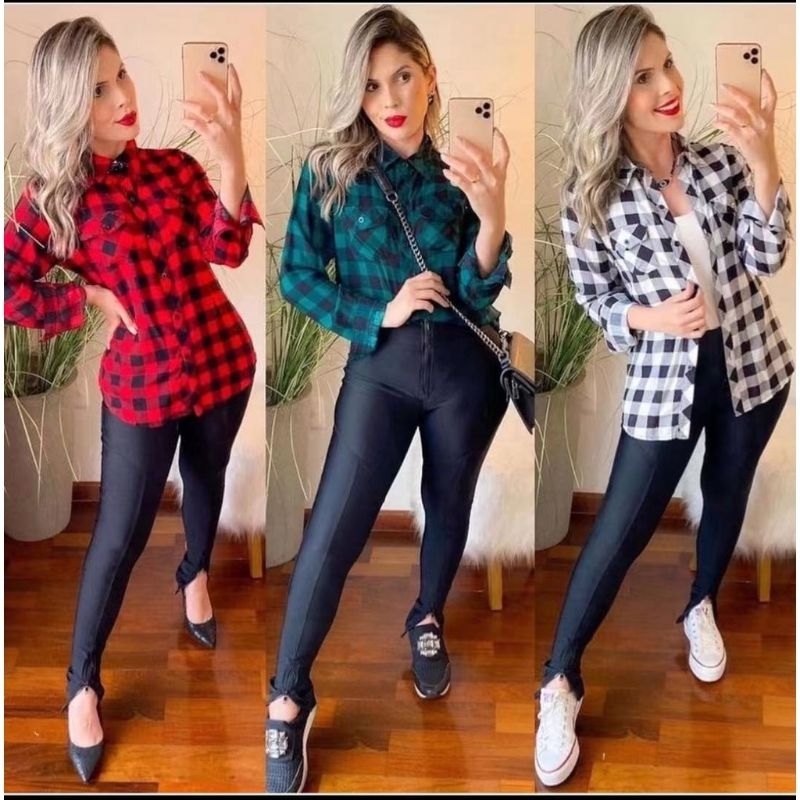 Look camisa xadrez preta e store branca feminina