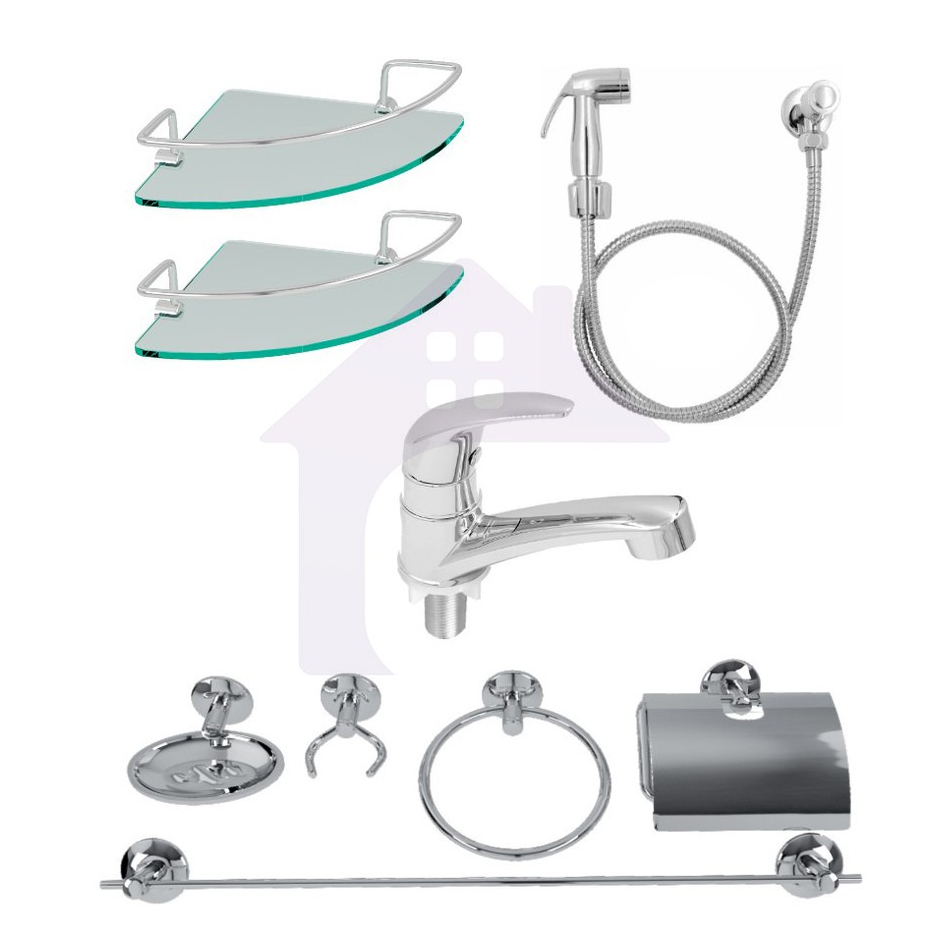 Kit Banheiro Acessórios Inox 9 Peças Completo com Torneira + Ducha Higienica + 2 Porta shampoo Canto aço Inox