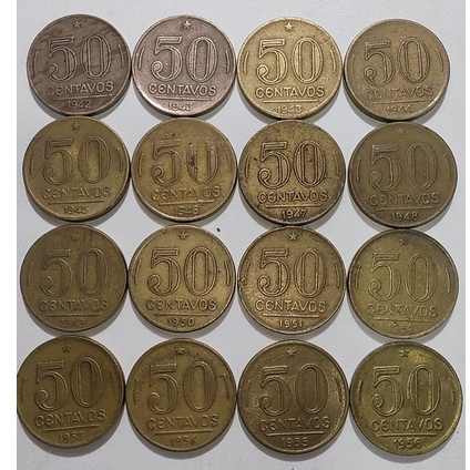 Moedas de 50 Centavos de 1942, 1943, 1944, 1945, 1946, 1947, 1948, 1949, 1950, 1951, 1952, 1953, 1954, 1955 e 1956
