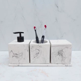 Kit Benim para Lavabo ou banheiro em técnica granilite terrazzo ou marmorizado com saboneteira líquida porta escova cotonete algodão sabonete
