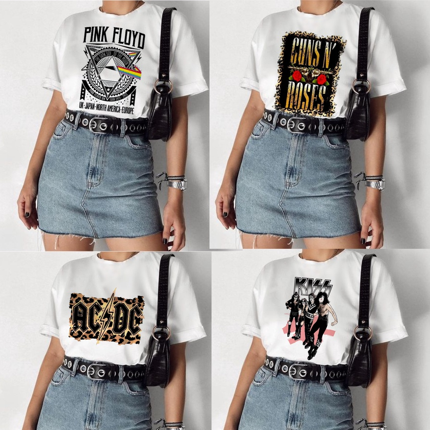 Blusa camiseta feminina rock, banda guns n roses, bon jovi, acdc, kiss, pink floyd, tshirt branca básica