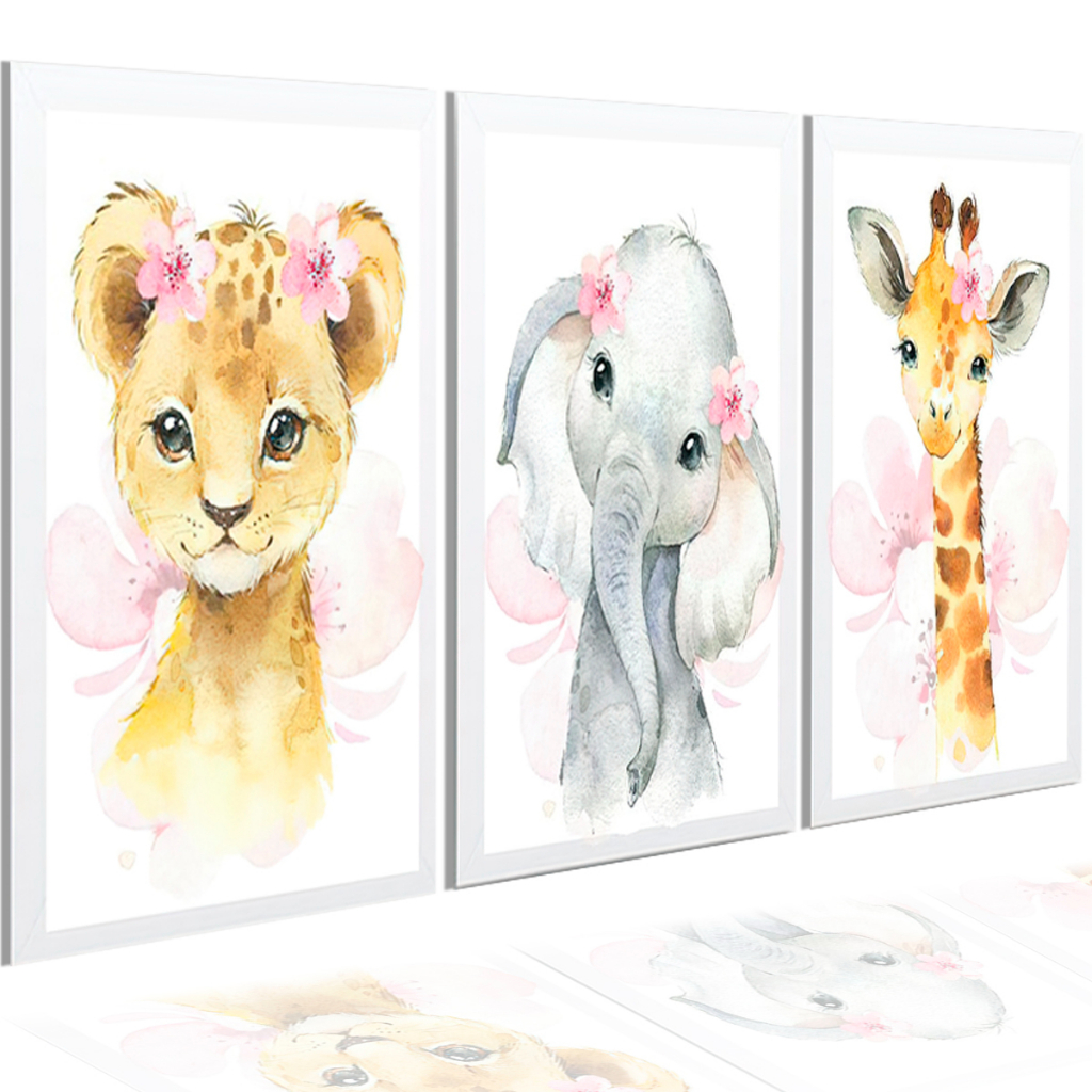 Kit De 3 Quadros Decorativos Infantil Safari Menina