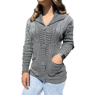 Casaco de Lã Feminino com Botão e Bolso Tricot Trico Inverno 2023