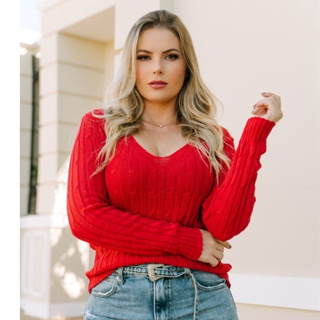 Blusa de Frio Feminina Tricô Suéter Decote V Trança Básica