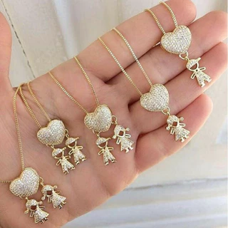 Novo Luxuoso Amor Coração ate dois Meninos Meninas Pingente Ouro Com Zircônia Cúbica Fofa Crianças Colar Mulher Presente