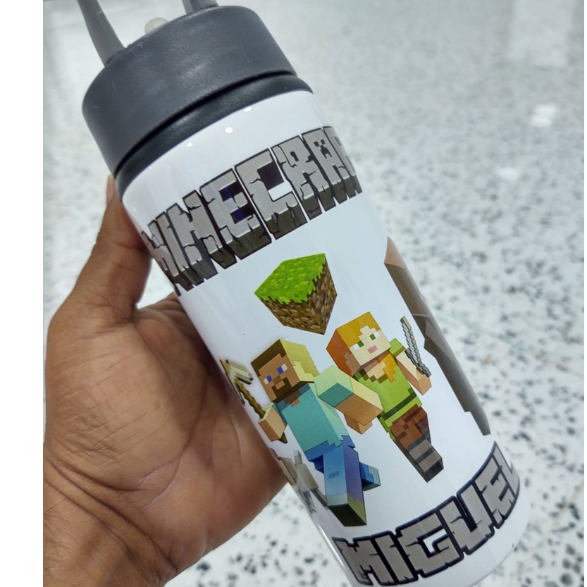 Garrafa minecraft Com Nome Da Criança Squeeze Alumínio 600ml Garrafinha ...