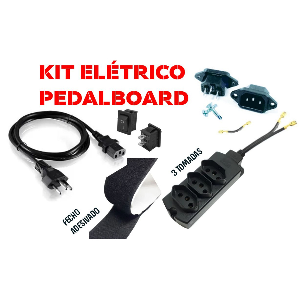 Kit Elétrico para Pedalboard com régua de tomadas e cabo AC Botao On